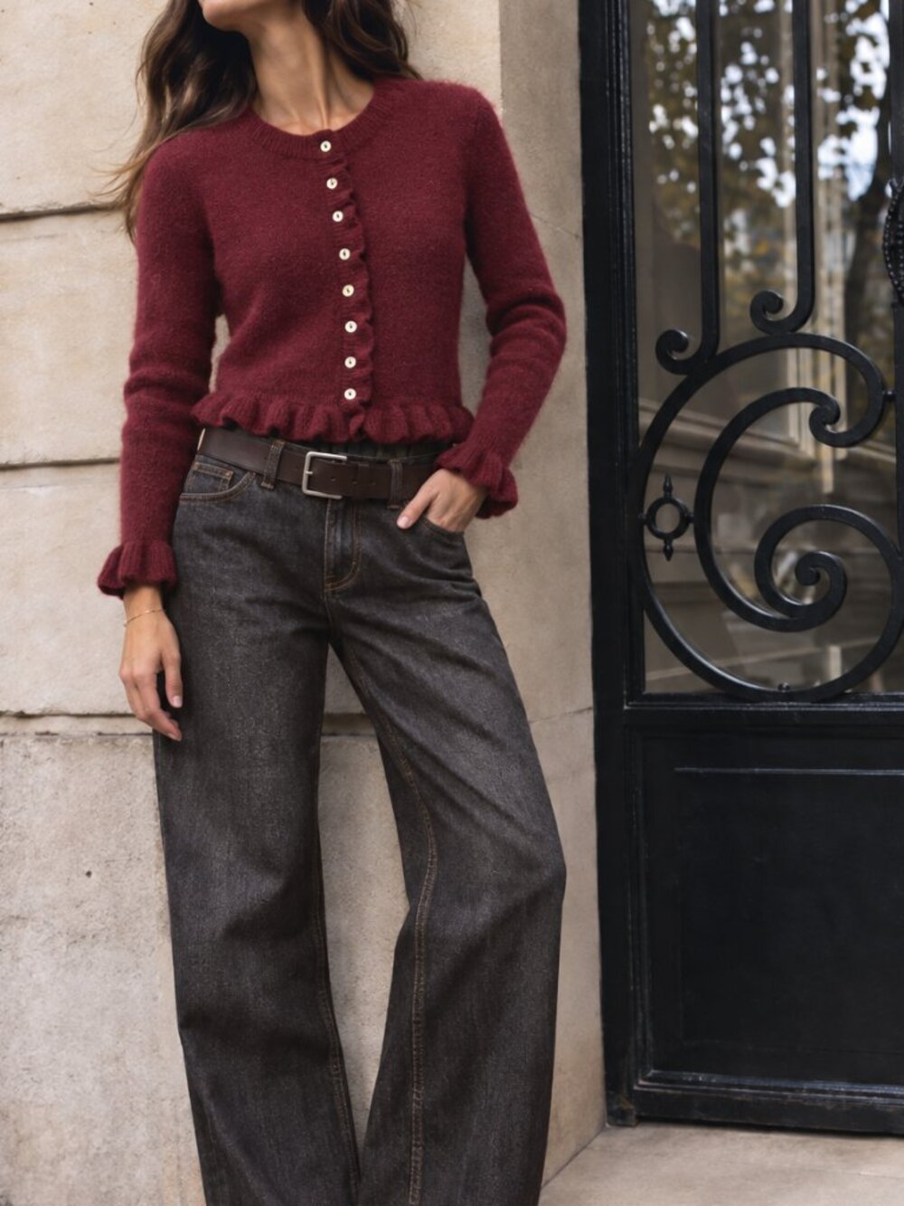 ZARA Burgundy Ruffle Trim Button Front Cardigan Sweater Sz S